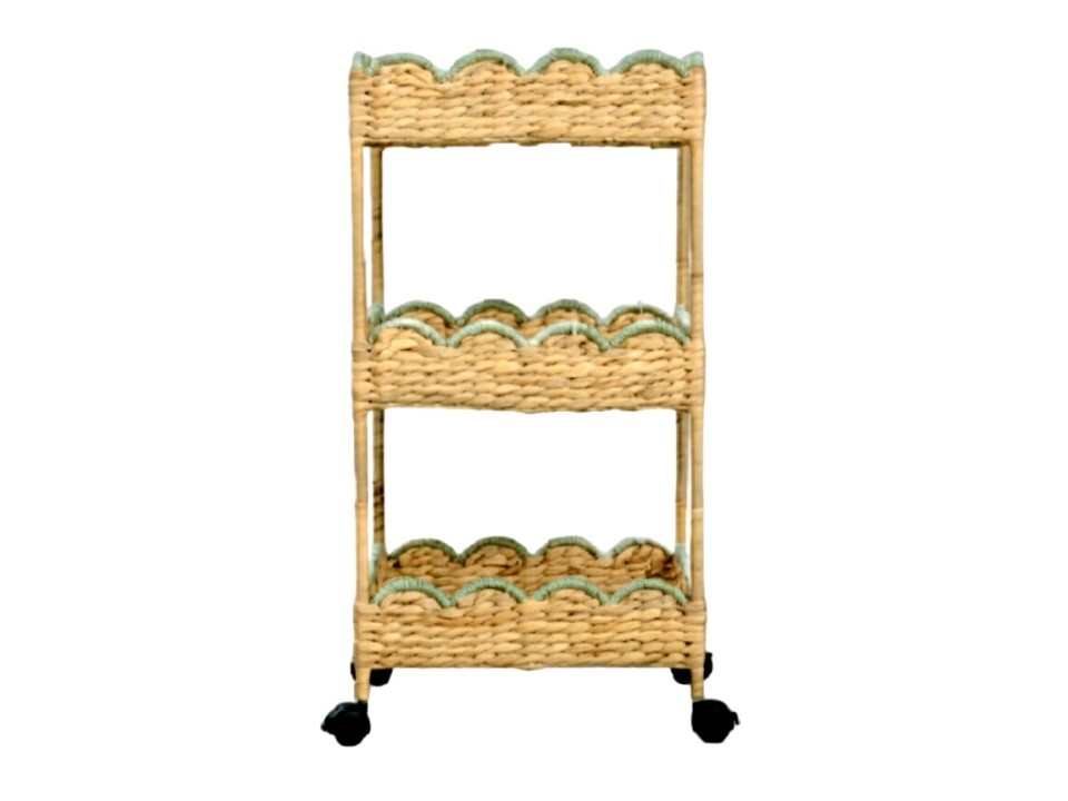 Refined 3-Tier Scalloped Ricenut- Weaving Water Hyacinth Storage Cart with Sage Trim Color and Metal Frame